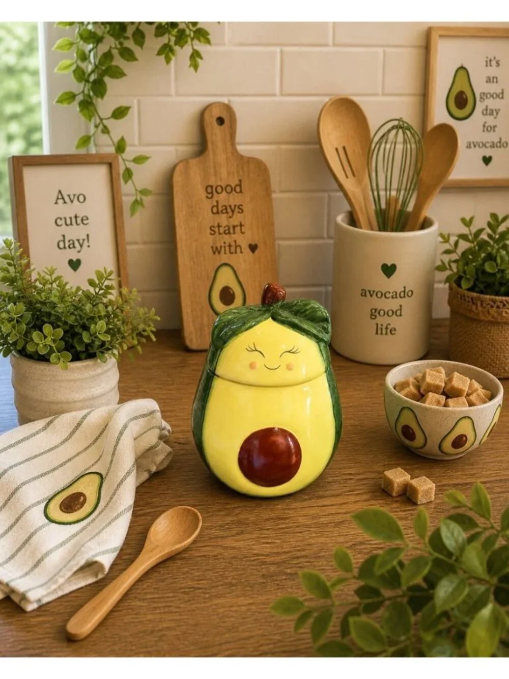 New Ceramic Smiling Avacado W/ Pit Sugar Jar Kawaii Kitchen Decor Container
